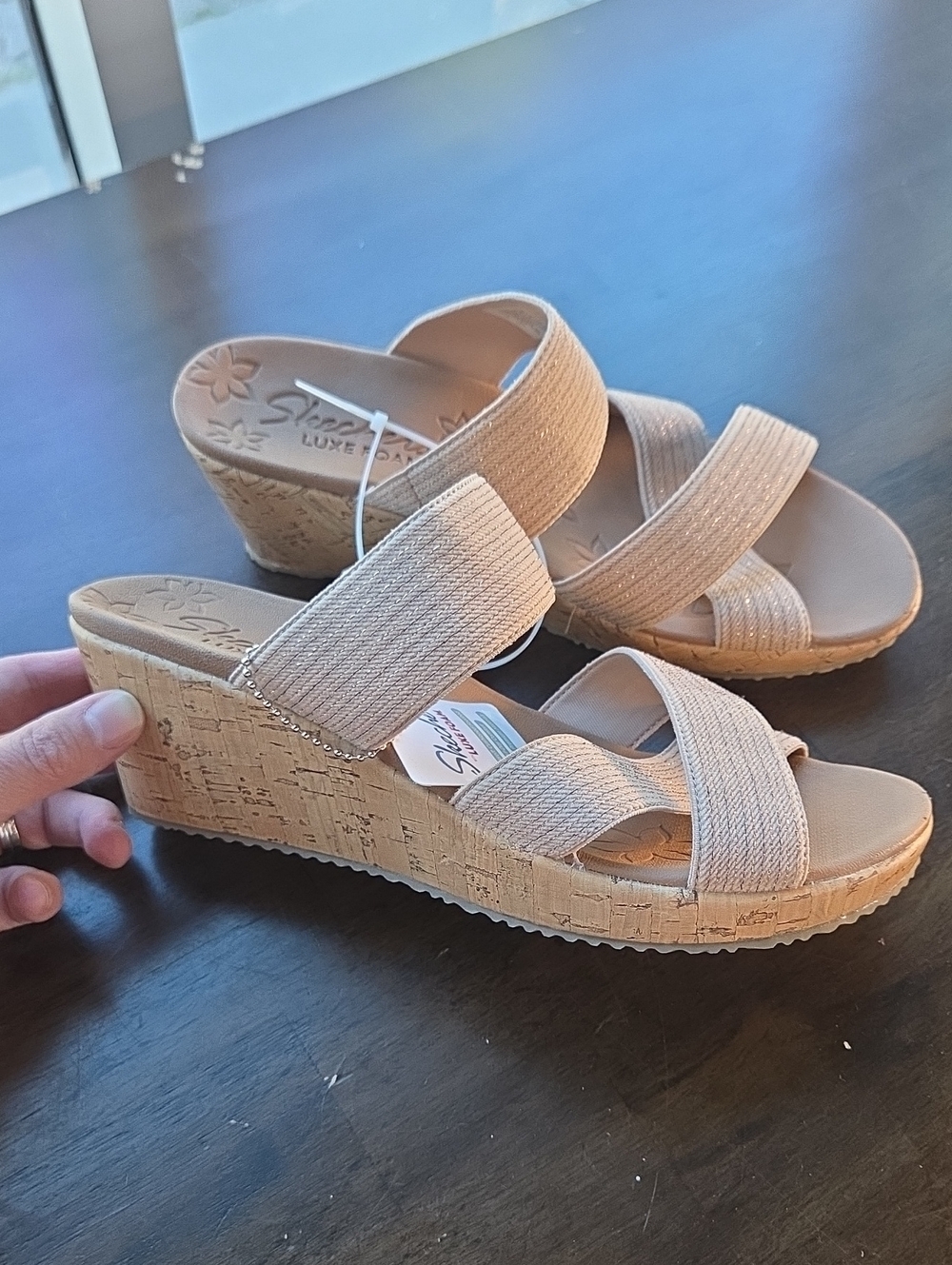 Skechers Size 9 Beige Cork-Style Wedge Slide Sandals NEW